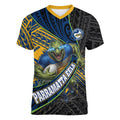 Parramatta Eels Rugby Women V-Neck T-Shirt Tribal Polynesian Power Art - Lightning Mascot