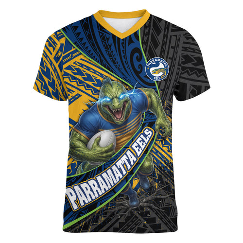 Parramatta Eels Rugby Women V-Neck T-Shirt Tribal Polynesian Power Art - Lightning Mascot