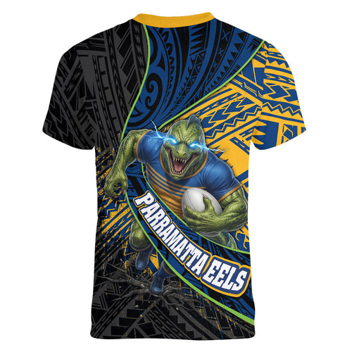 Parramatta Eels Rugby Women V-Neck T-Shirt Tribal Polynesian Power Art - Lightning Mascot