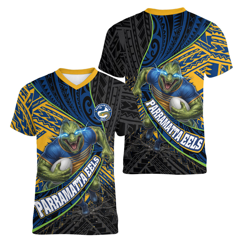 Parramatta Eels Rugby Women V-Neck T-Shirt Tribal Polynesian Power Art - Lightning Mascot