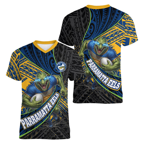 Parramatta Eels Rugby Women V-Neck T-Shirt Tribal Polynesian Power Art - Lightning Mascot