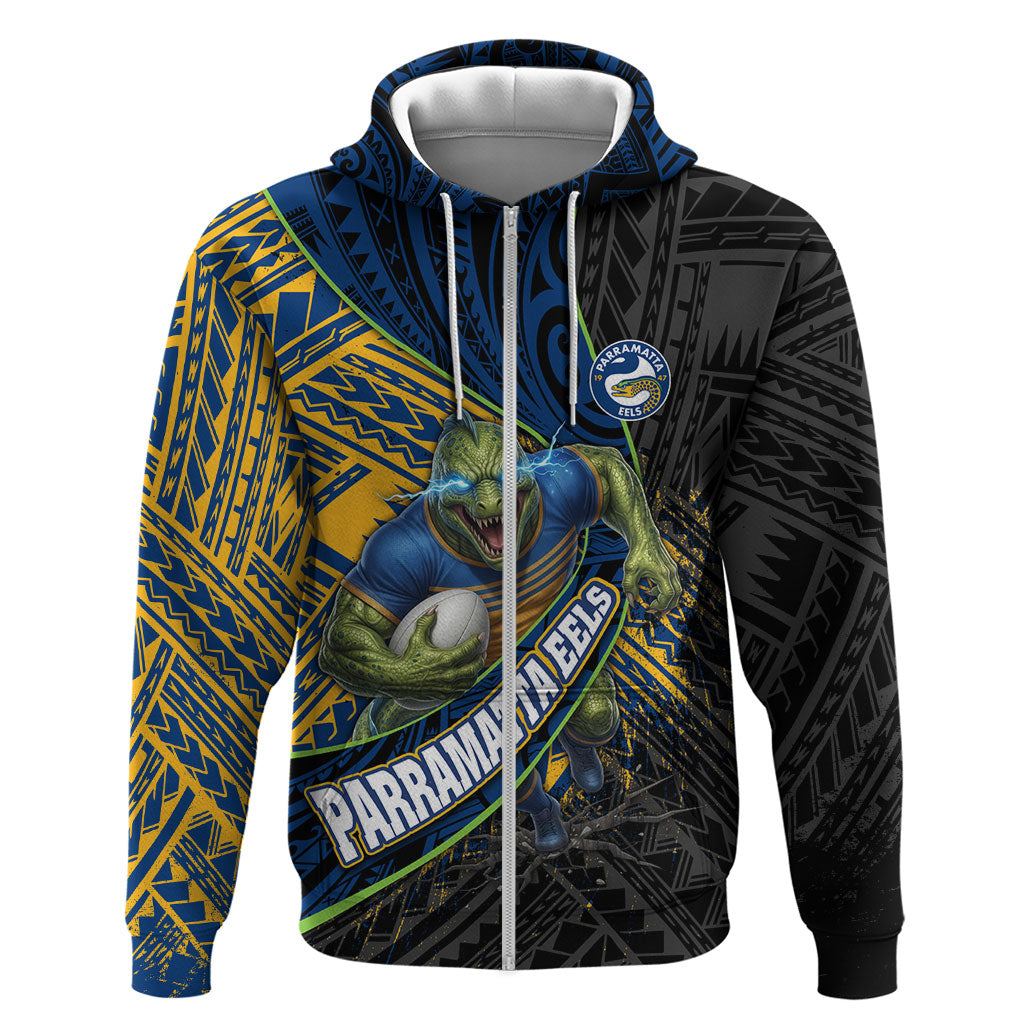Parramatta Eels Rugby Zip Hoodie Tribal Polynesian Power Art - Lightning Mascot