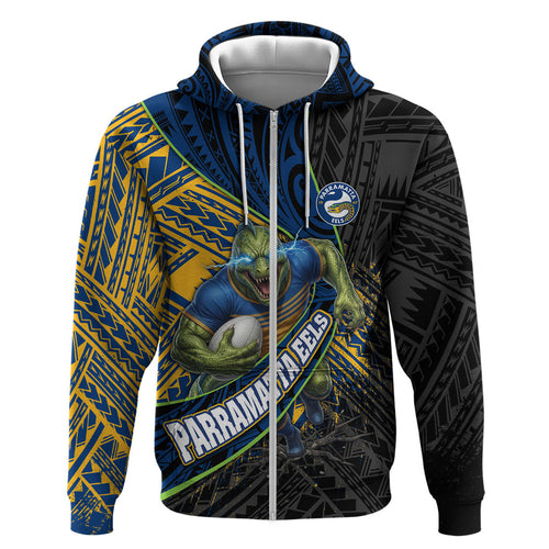 Parramatta Eels Rugby Zip Hoodie Tribal Polynesian Power Art - Lightning Mascot