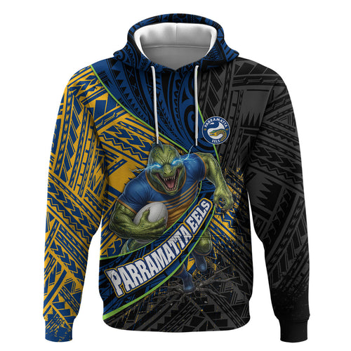 Parramatta Eels Rugby Zip Hoodie Tribal Polynesian Power Art - Lightning Mascot