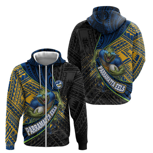 Parramatta Eels Rugby Zip Hoodie Tribal Polynesian Power Art - Lightning Mascot