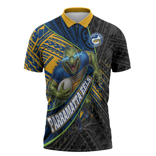 Parramatta Eels Rugby Zipper Polo Shirt Tribal Polynesian Power Art - Lightning Mascot