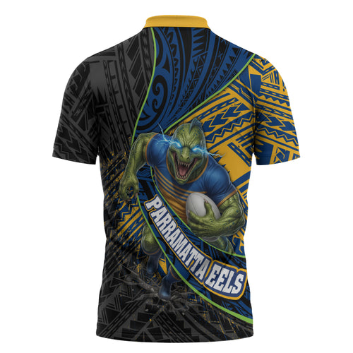 Parramatta Eels Rugby Zipper Polo Shirt Tribal Polynesian Power Art - Lightning Mascot