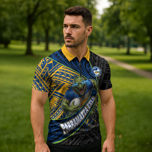 Parramatta Eels Rugby Zipper Polo Shirt Tribal Polynesian Power Art - Lightning Mascot