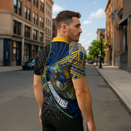 Parramatta Eels Rugby Zipper Polo Shirt Tribal Polynesian Power Art - Lightning Mascot