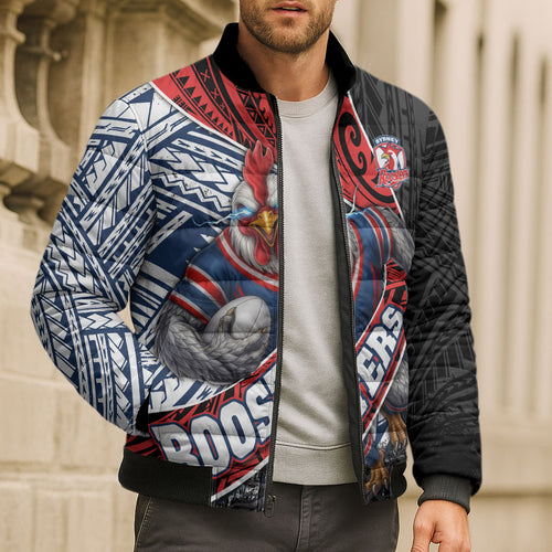Sydney Roosters Rugby Mascot Bomber Puffer Jacket Tribal Polynesian Power Art - Lightning Mascot