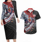 Sydney Roosters Rugby Mascot Couples Matching Long Sleeve Bodycon Dress and Hawaiian Shirt Tribal Polynesian Power Art - Lightning Mascot