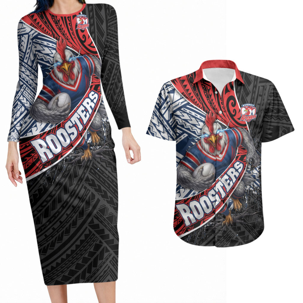 Sydney Roosters Rugby Mascot Couples Matching Long Sleeve Bodycon Dress and Hawaiian Shirt Tribal Polynesian Power Art - Lightning Mascot