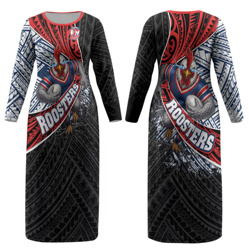 Sydney Roosters Rugby Mascot Couples Matching Long Sleeve Bodycon Dress and Hawaiian Shirt Tribal Polynesian Power Art - Lightning Mascot