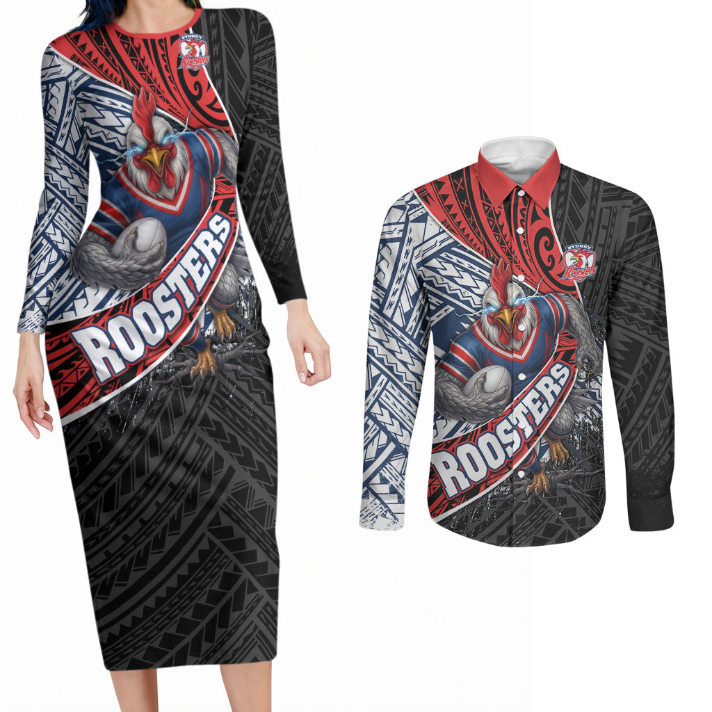 Sydney Roosters Rugby Mascot Couples Matching Long Sleeve Bodycon Dress and Long Sleeve Button Shirt Tribal Polynesian Power Art - Lightning Mascot