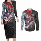 Sydney Roosters Rugby Mascot Couples Matching Long Sleeve Bodycon Dress and Long Sleeve Button Shirt Tribal Polynesian Power Art - Lightning Mascot