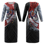 Sydney Roosters Rugby Mascot Couples Matching Long Sleeve Bodycon Dress and Long Sleeve Button Shirt Tribal Polynesian Power Art - Lightning Mascot