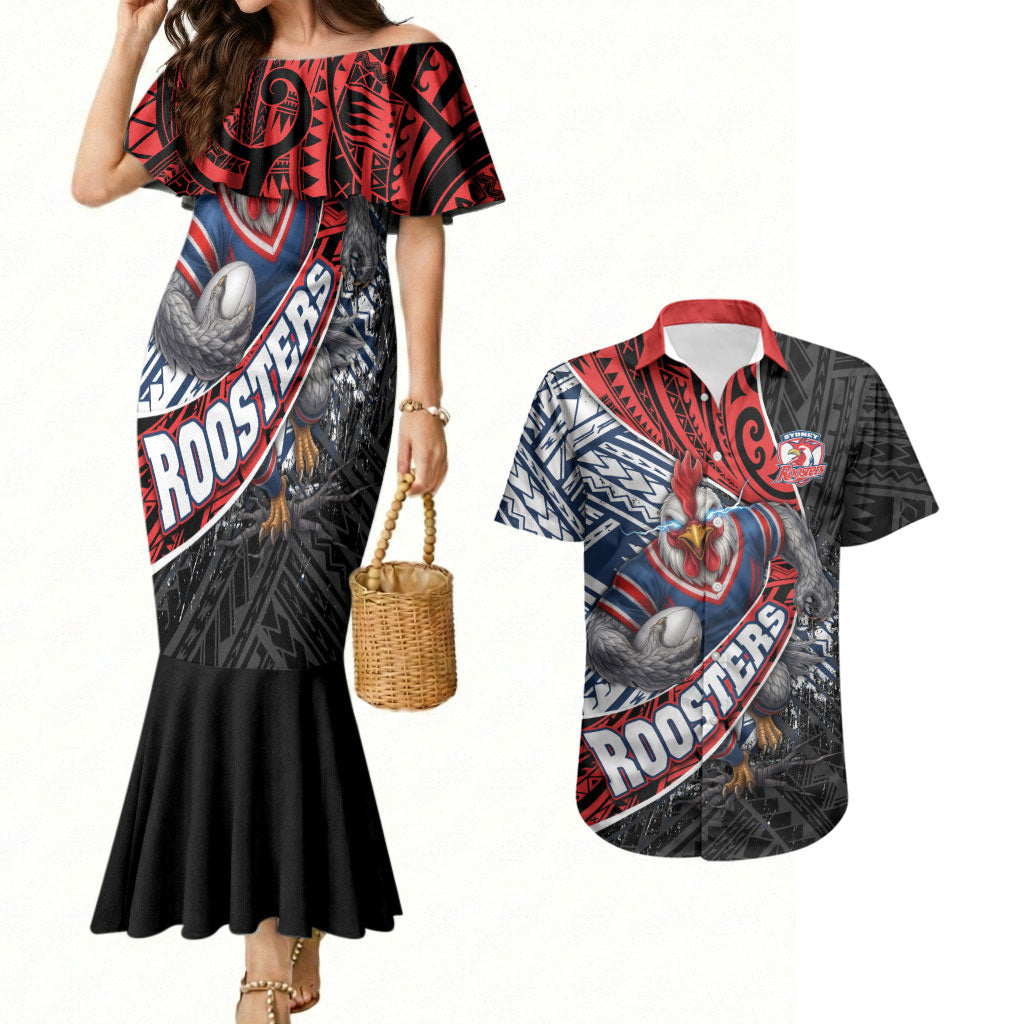 Sydney Roosters Rugby Mascot Couples Matching Mermaid Dress and Hawaiian Shirt Tribal Polynesian Power Art - Lightning Mascot