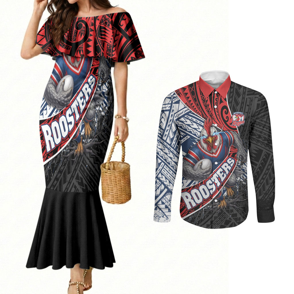 Sydney Roosters Rugby Mascot Couples Matching Mermaid Dress and Long Sleeve Button Shirt Tribal Polynesian Power Art - Lightning Mascot