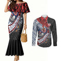 Sydney Roosters Rugby Mascot Couples Matching Mermaid Dress and Long Sleeve Button Shirt Tribal Polynesian Power Art - Lightning Mascot