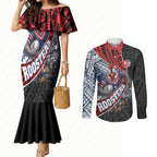 Sydney Roosters Rugby Mascot Couples Matching Mermaid Dress and Long Sleeve Button Shirt Tribal Polynesian Power Art - Lightning Mascot