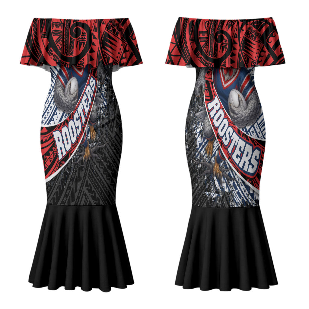 Sydney Roosters Rugby Mascot Couples Matching Mermaid Dress and Long Sleeve Button Shirt Tribal Polynesian Power Art - Lightning Mascot