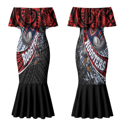 Sydney Roosters Rugby Mascot Couples Matching Mermaid Dress and Long Sleeve Button Shirt Tribal Polynesian Power Art - Lightning Mascot
