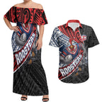 Sydney Roosters Rugby Mascot Couples Matching Off Shoulder Maxi Dress and Hawaiian Shirt Tribal Polynesian Power Art - Lightning Mascot