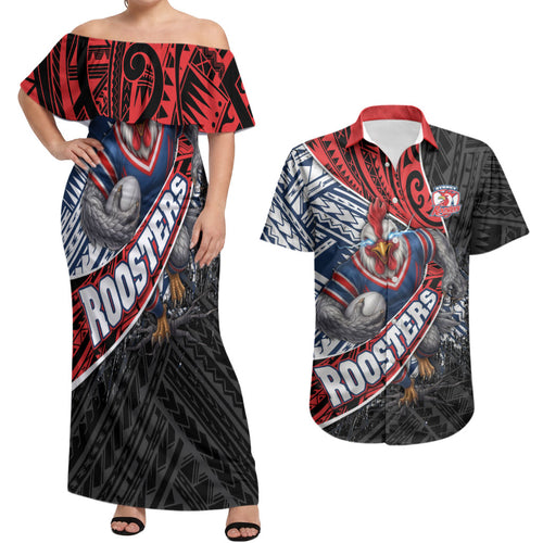 Sydney Roosters Rugby Mascot Couples Matching Off Shoulder Maxi Dress and Hawaiian Shirt Tribal Polynesian Power Art - Lightning Mascot