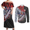 Sydney Roosters Rugby Mascot Couples Matching Off Shoulder Maxi Dress and Long Sleeve Button Shirt Tribal Polynesian Power Art - Lightning Mascot