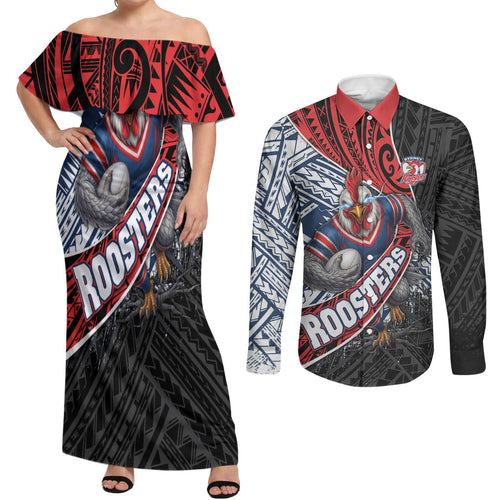 Sydney Roosters Rugby Mascot Couples Matching Off Shoulder Maxi Dress and Long Sleeve Button Shirt Tribal Polynesian Power Art - Lightning Mascot