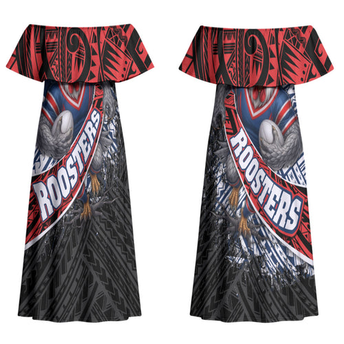 Sydney Roosters Rugby Mascot Couples Matching Off Shoulder Maxi Dress and Long Sleeve Button Shirt Tribal Polynesian Power Art - Lightning Mascot