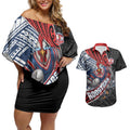 Sydney Roosters Rugby Mascot Couples Matching Off Shoulder Short Dress and Hawaiian Shirt Tribal Polynesian Power Art - Lightning Mascot