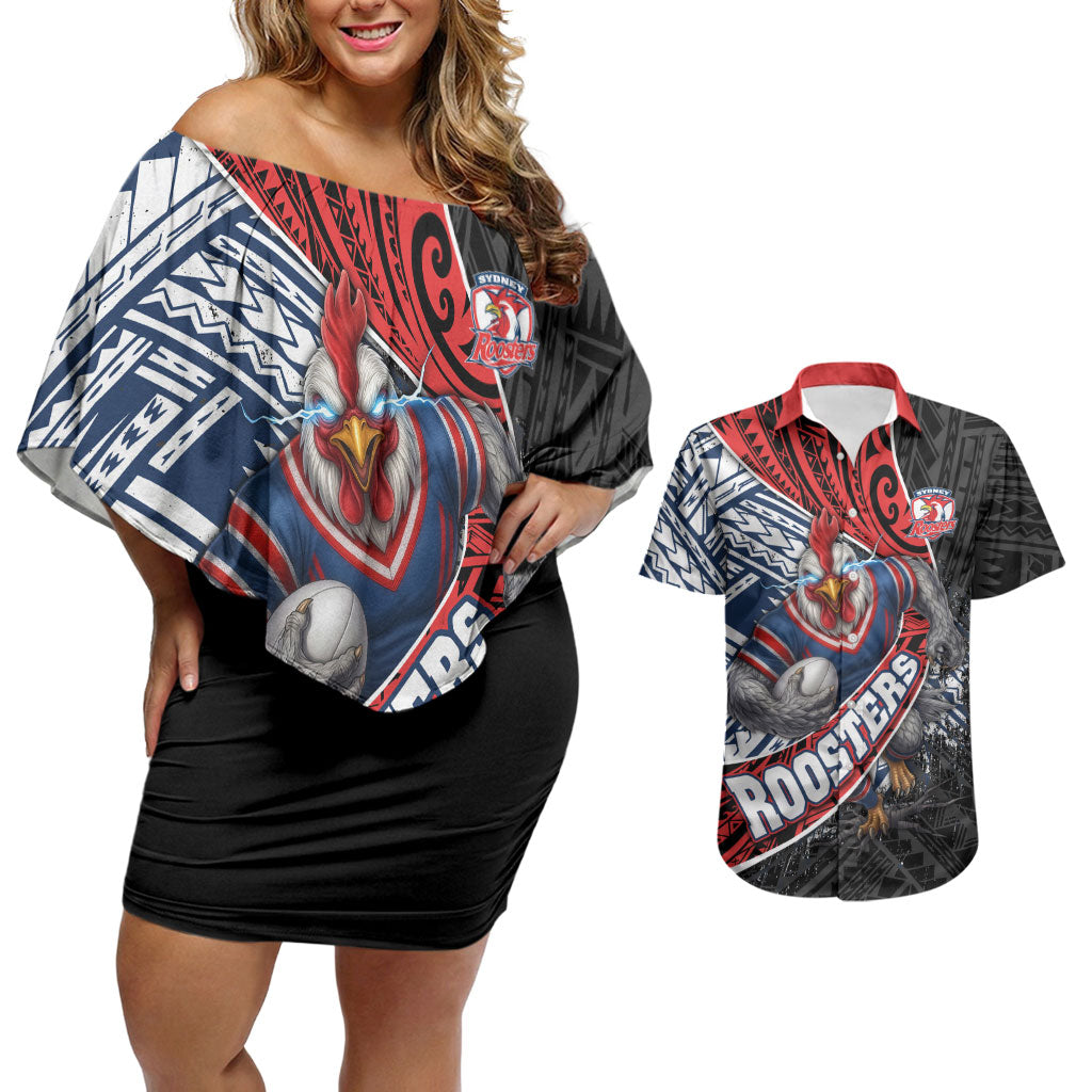 Sydney Roosters Rugby Mascot Couples Matching Off Shoulder Short Dress and Hawaiian Shirt Tribal Polynesian Power Art - Lightning Mascot