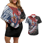 Sydney Roosters Rugby Mascot Couples Matching Off Shoulder Short Dress and Hawaiian Shirt Tribal Polynesian Power Art - Lightning Mascot