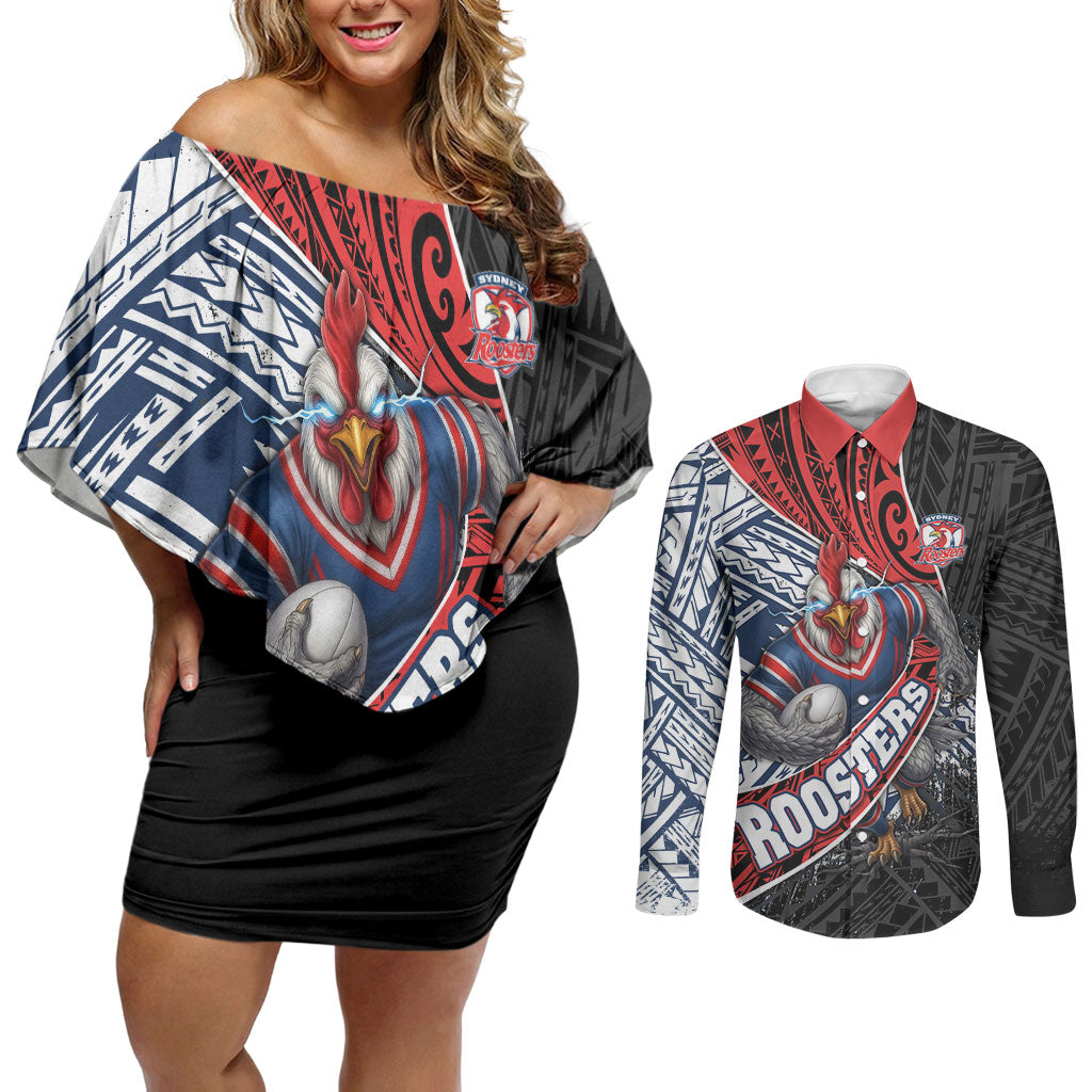 Sydney Roosters Rugby Mascot Couples Matching Off Shoulder Short Dress and Long Sleeve Button Shirt Tribal Polynesian Power Art - Lightning Mascot