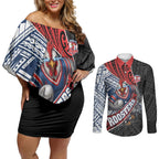 Sydney Roosters Rugby Mascot Couples Matching Off Shoulder Short Dress and Long Sleeve Button Shirt Tribal Polynesian Power Art - Lightning Mascot