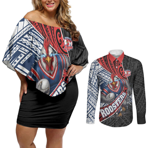 Sydney Roosters Rugby Mascot Couples Matching Off Shoulder Short Dress and Long Sleeve Button Shirt Tribal Polynesian Power Art - Lightning Mascot