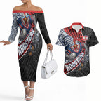 Sydney Roosters Rugby Mascot Couples Matching Off The Shoulder Long Sleeve Dress and Hawaiian Shirt Tribal Polynesian Power Art - Lightning Mascot
