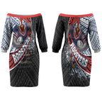 Sydney Roosters Rugby Mascot Couples Matching Off The Shoulder Long Sleeve Dress and Hawaiian Shirt Tribal Polynesian Power Art - Lightning Mascot