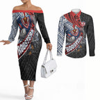 Sydney Roosters Rugby Mascot Couples Matching Off The Shoulder Long Sleeve Dress and Long Sleeve Button Shirt Tribal Polynesian Power Art - Lightning Mascot