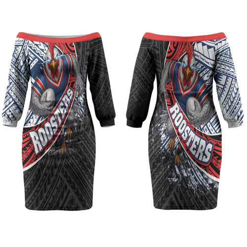 Sydney Roosters Rugby Mascot Couples Matching Off The Shoulder Long Sleeve Dress and Long Sleeve Button Shirt Tribal Polynesian Power Art - Lightning Mascot