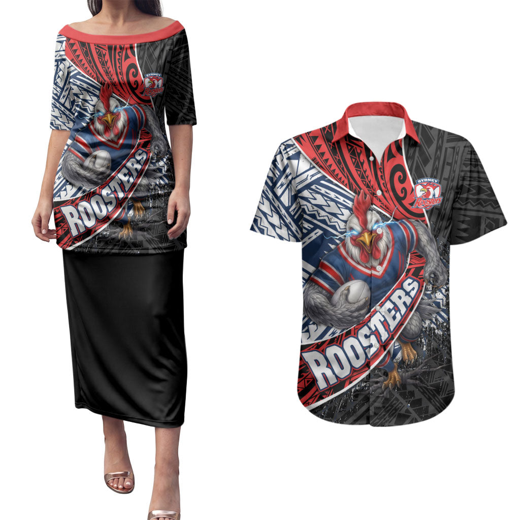 Sydney Roosters Rugby Mascot Couples Matching Puletasi and Hawaiian Shirt Tribal Polynesian Power Art - Lightning Mascot