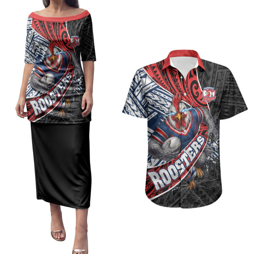Sydney Roosters Rugby Mascot Couples Matching Puletasi and Hawaiian Shirt Tribal Polynesian Power Art - Lightning Mascot