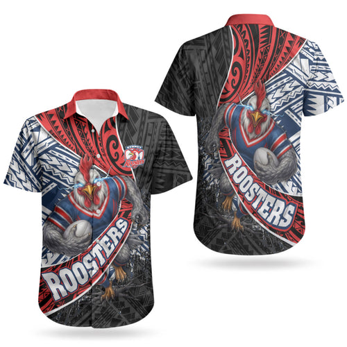 Sydney Roosters Rugby Mascot Couples Matching Puletasi and Hawaiian Shirt Tribal Polynesian Power Art - Lightning Mascot