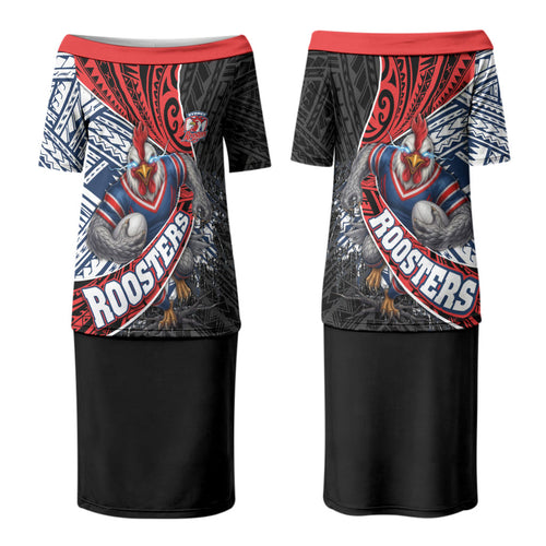 Sydney Roosters Rugby Mascot Couples Matching Puletasi and Hawaiian Shirt Tribal Polynesian Power Art - Lightning Mascot