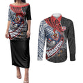 Sydney Roosters Rugby Mascot Couples Matching Puletasi and Long Sleeve Button Shirt Tribal Polynesian Power Art - Lightning Mascot