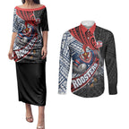 Sydney Roosters Rugby Mascot Couples Matching Puletasi and Long Sleeve Button Shirt Tribal Polynesian Power Art - Lightning Mascot