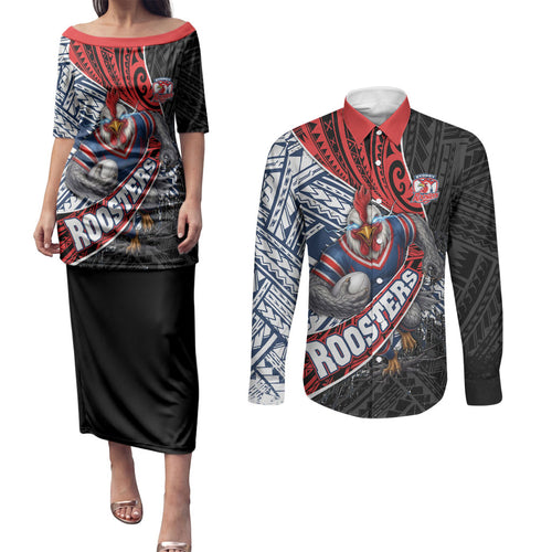 Sydney Roosters Rugby Mascot Couples Matching Puletasi and Long Sleeve Button Shirt Tribal Polynesian Power Art - Lightning Mascot
