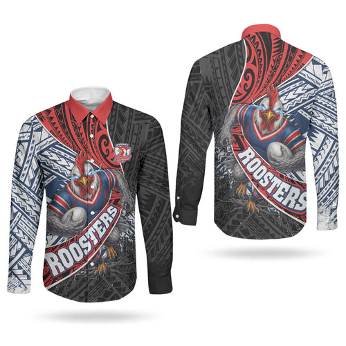 Sydney Roosters Rugby Mascot Couples Matching Puletasi and Long Sleeve Button Shirt Tribal Polynesian Power Art - Lightning Mascot
