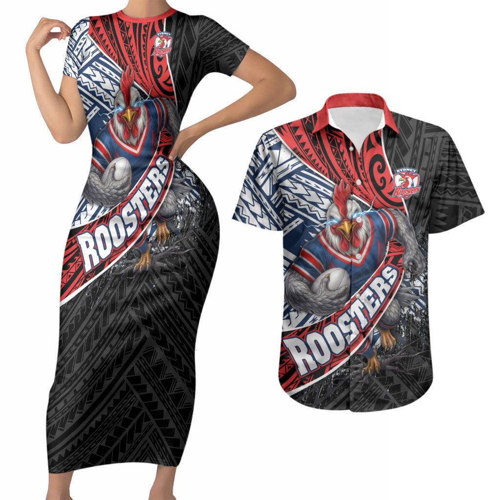 Sydney Roosters Rugby Mascot Couples Matching Short Sleeve Bodycon Dress and Hawaiian Shirt Tribal Polynesian Power Art - Lightning Mascot